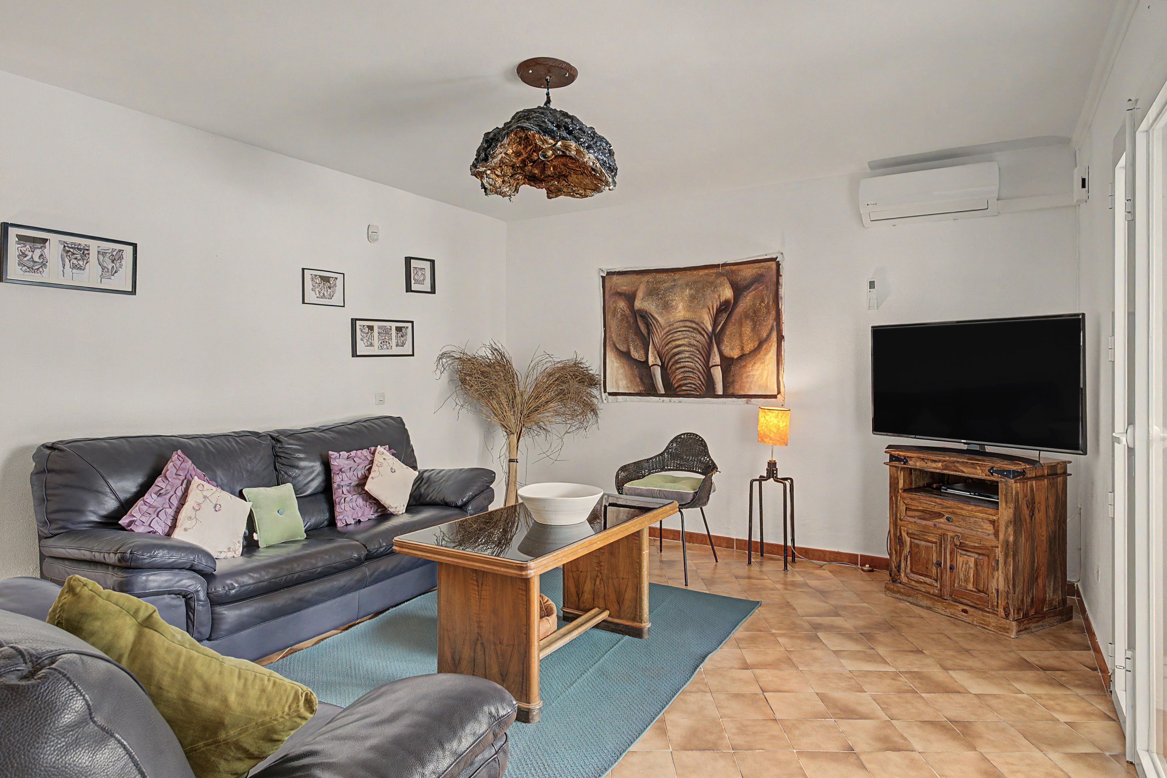 Un salon avec un canapé en cuir noir, une table basse en bois, un grand téléviseur à écran plat et un tableau représentant un éléphant accroché au mur.