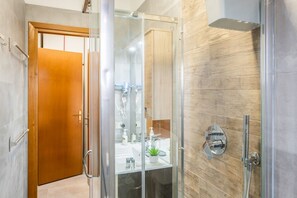 Shower, hair dryer, bidet, towels