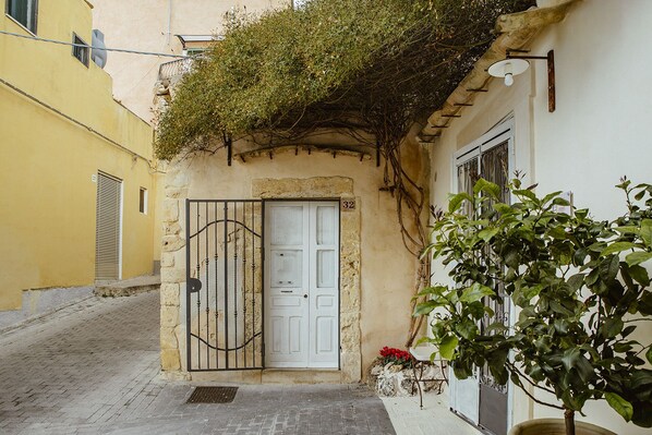 A narrow alleyway with a white door, a metal gate, and a potted plant with red flowers. - Casa Gelsomino by Wonderful Italy (Noto)