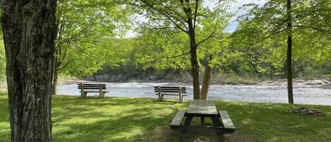 A park with a picnic table and benches by a river.