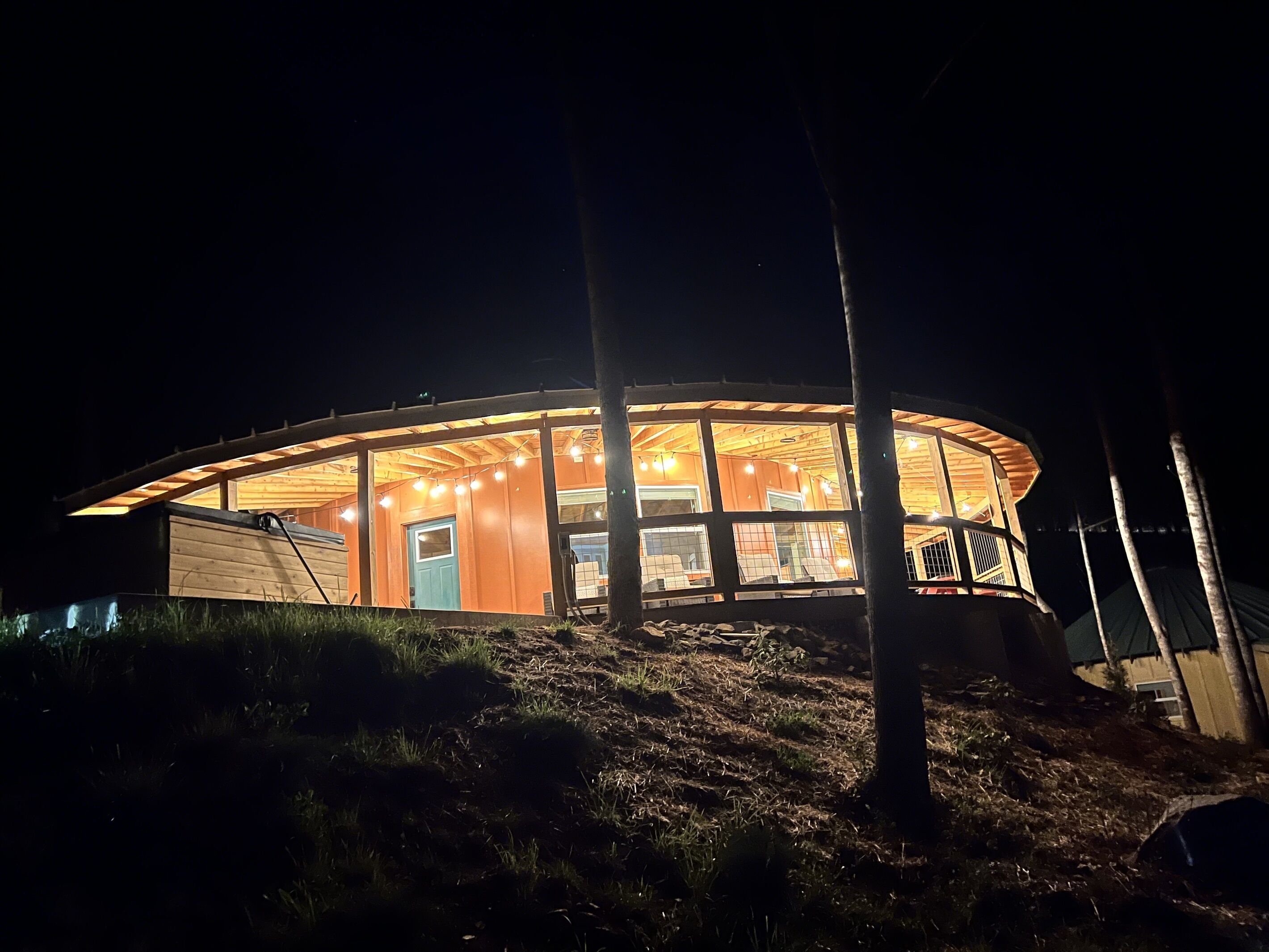 All lit up at night.