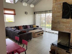 Televisio, takka, DVD-soitin, pöytäjalkapallopöytä