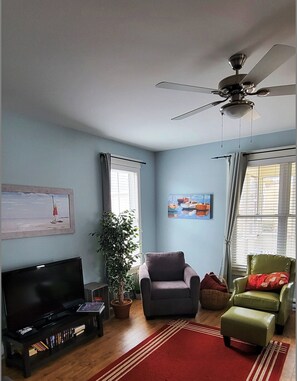Un salon avec un ventilateur de plafond, un téléviseur, un fauteuil gris, un fauteuil vert, un tapis rouge et une plante en pot.