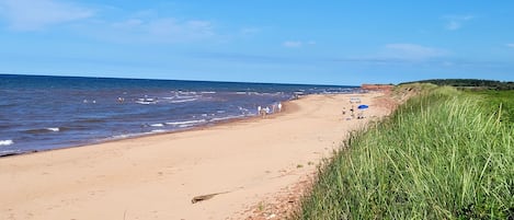 Perto da praia, espreguiçadeiras, toalhas de praia