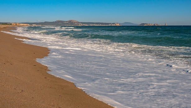 Une plage avec des vagues, un ciel dégagé et des bâtiments qui se dessinent à l’horizon.
