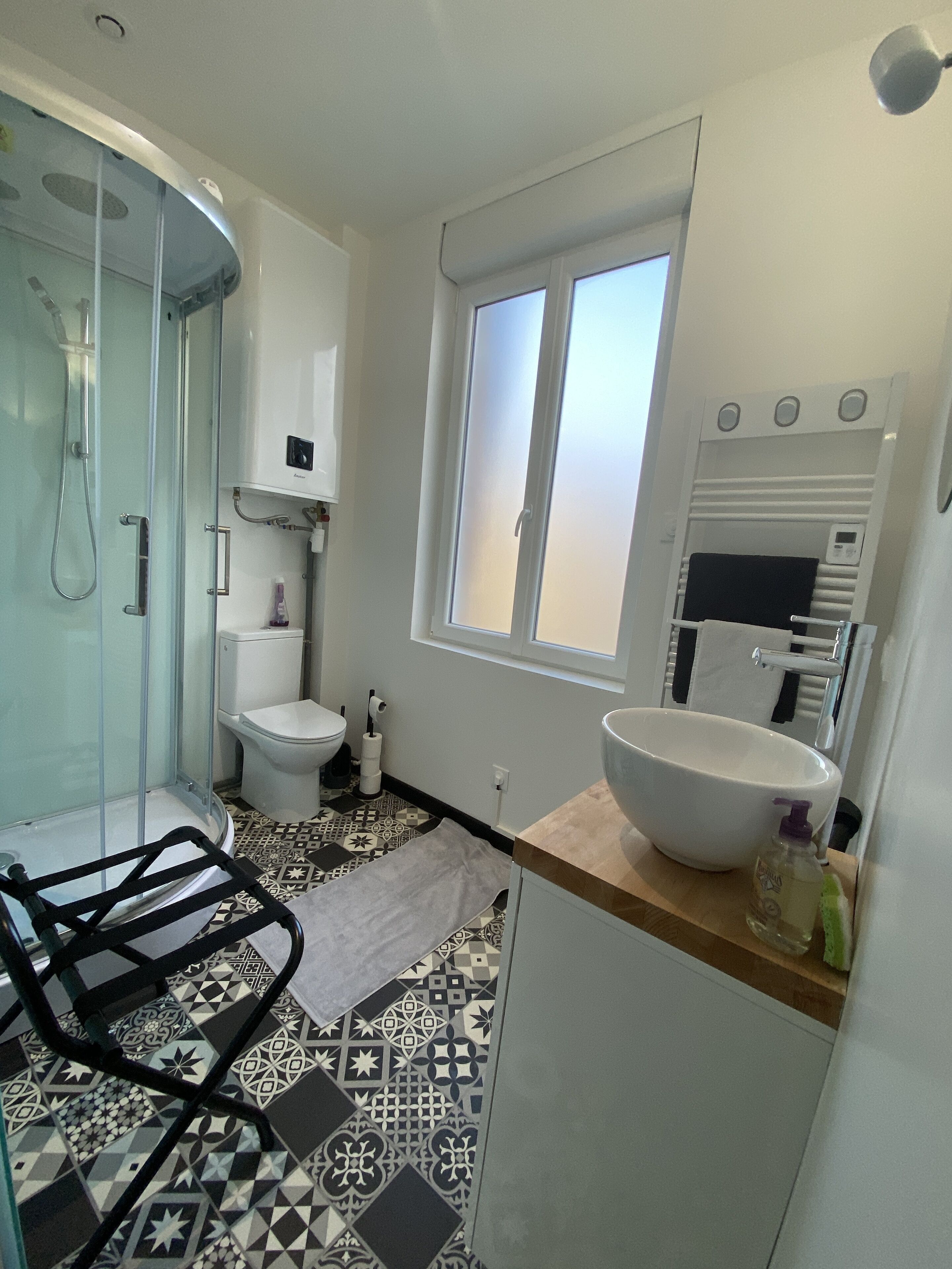 Shower, hair dryer, towels, toilet paper