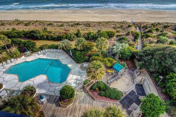 Relax by the hexagonal pool surrounded by lush greenery and a well-maintained garden, overlooking a pristine beach.