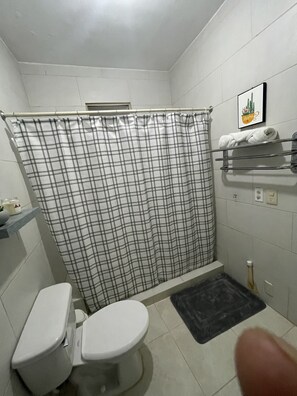 Ducha, secador de pelo, toallas, jabón
