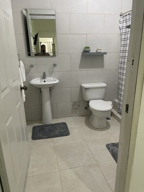 Une salle de bain avec un lavabo, des toilettes et un miroir.