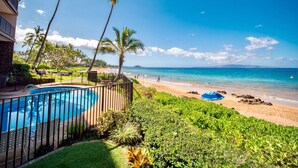 Une vue sur la piscine, avec un ciel bleu dégagé, des palmiers et une plage.
