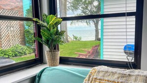 Una ventana con vistas a un jardín trasero, una planta en maceta y un cojín con una manta.
