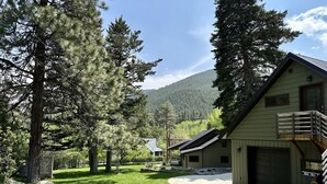 Une maison avec un garage, une petite terrasse et une pelouse avec des arbres.