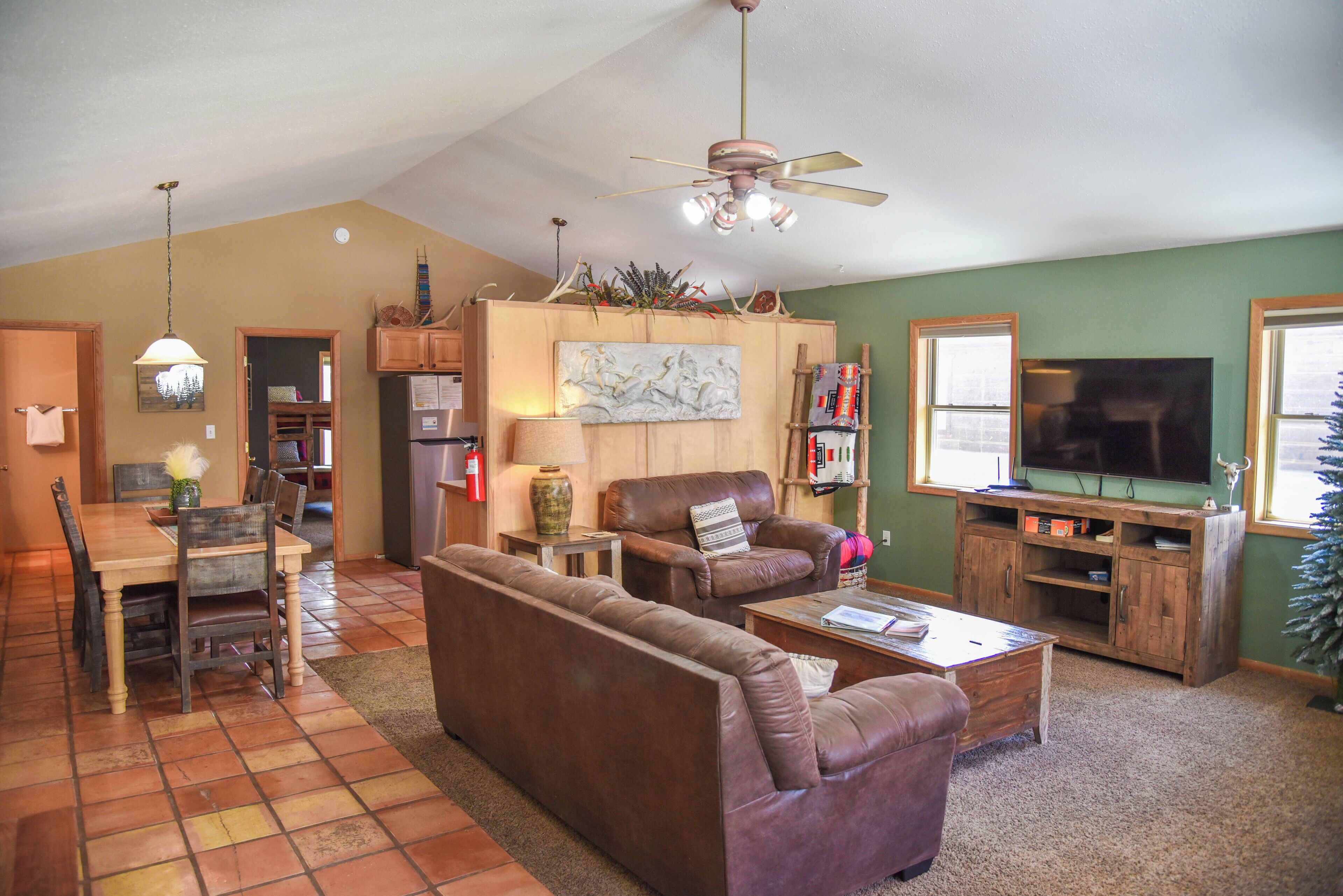 Televisión, chimenea y reproductor de DVD 