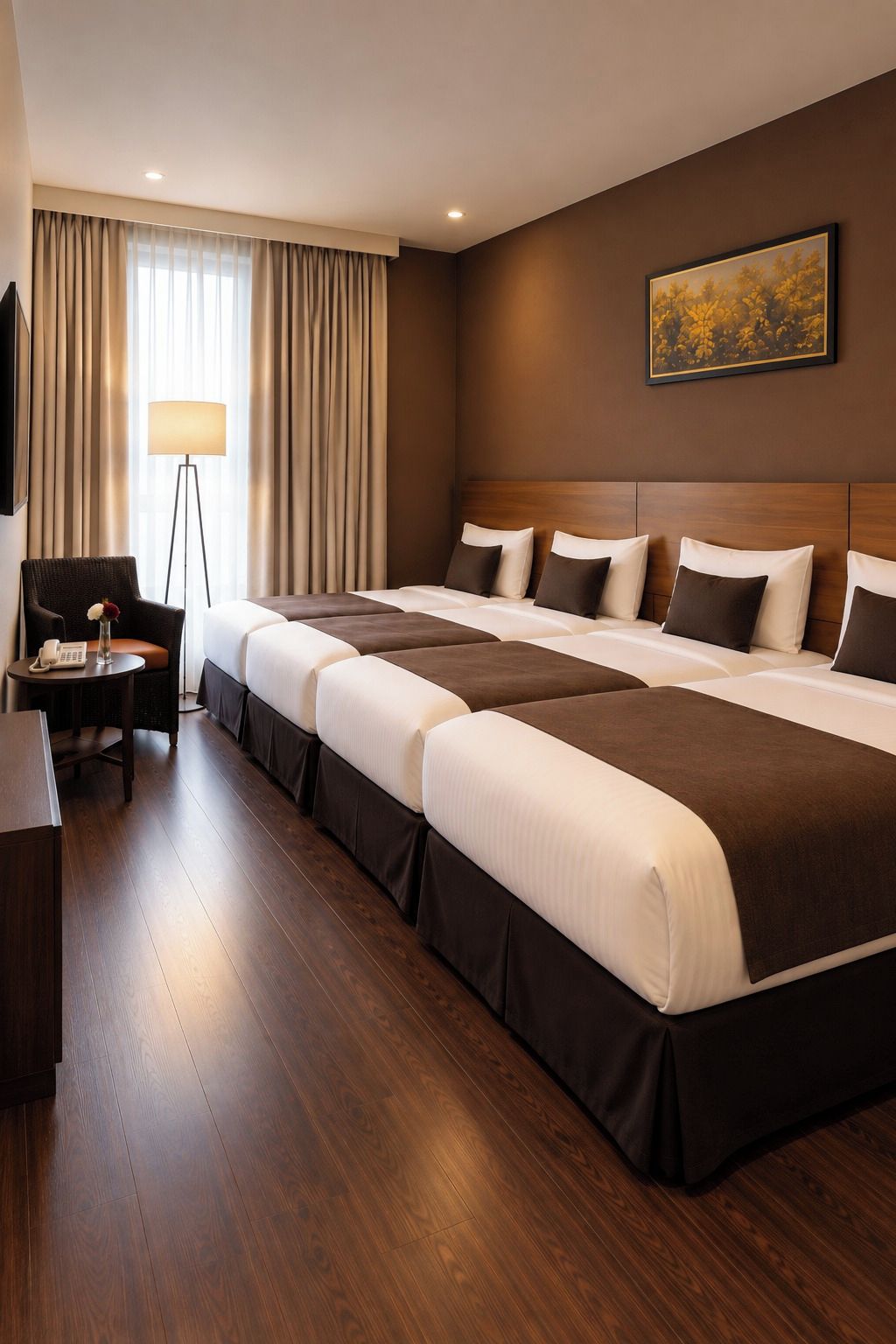 A hotel room with a large bed, a desk, a chair, a lamp, and a painting on the wall.