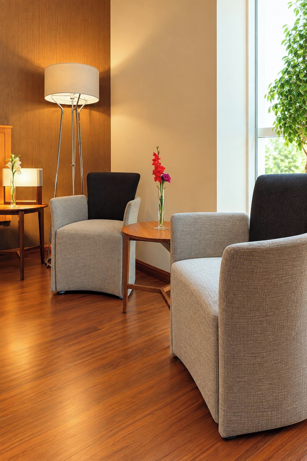 A modern room with two armchairs, a small round table, a floor lamp, and a vase with flowers.