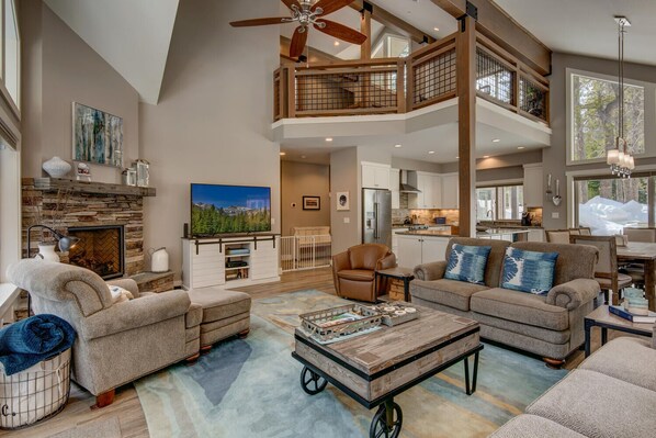 Flat-screen TV, fireplace