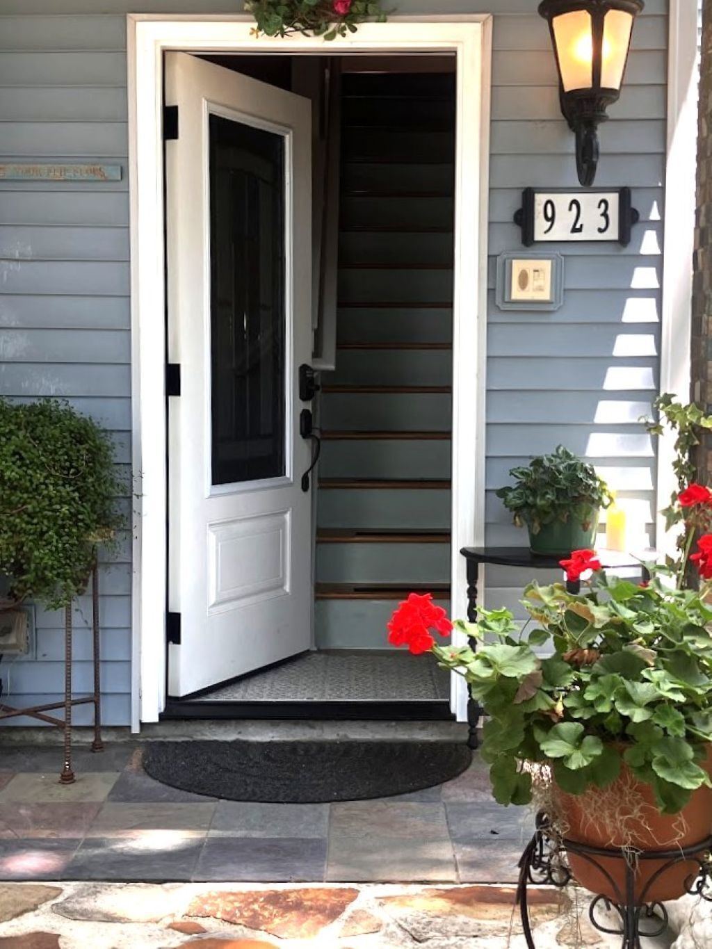 A house entrance with a white door, a number '923' sign, a potted plant, and a small table with a red flower.