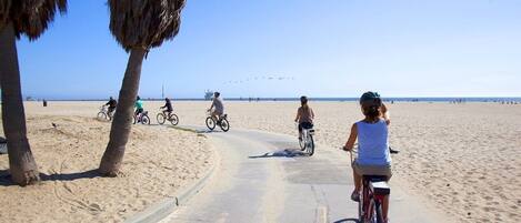 A paved path along a beach with cyclists and pedestrians.