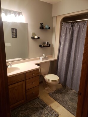 Combined shower/bathtub, towels, soap, shampoo