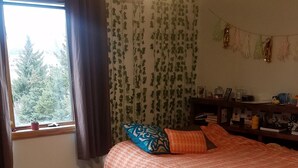 A bedroom with a bed, a window with curtains, a radiator, and a ceiling fan. - EAA Spacious home w/ Pool  / Sleeps 10 (Winneconne)