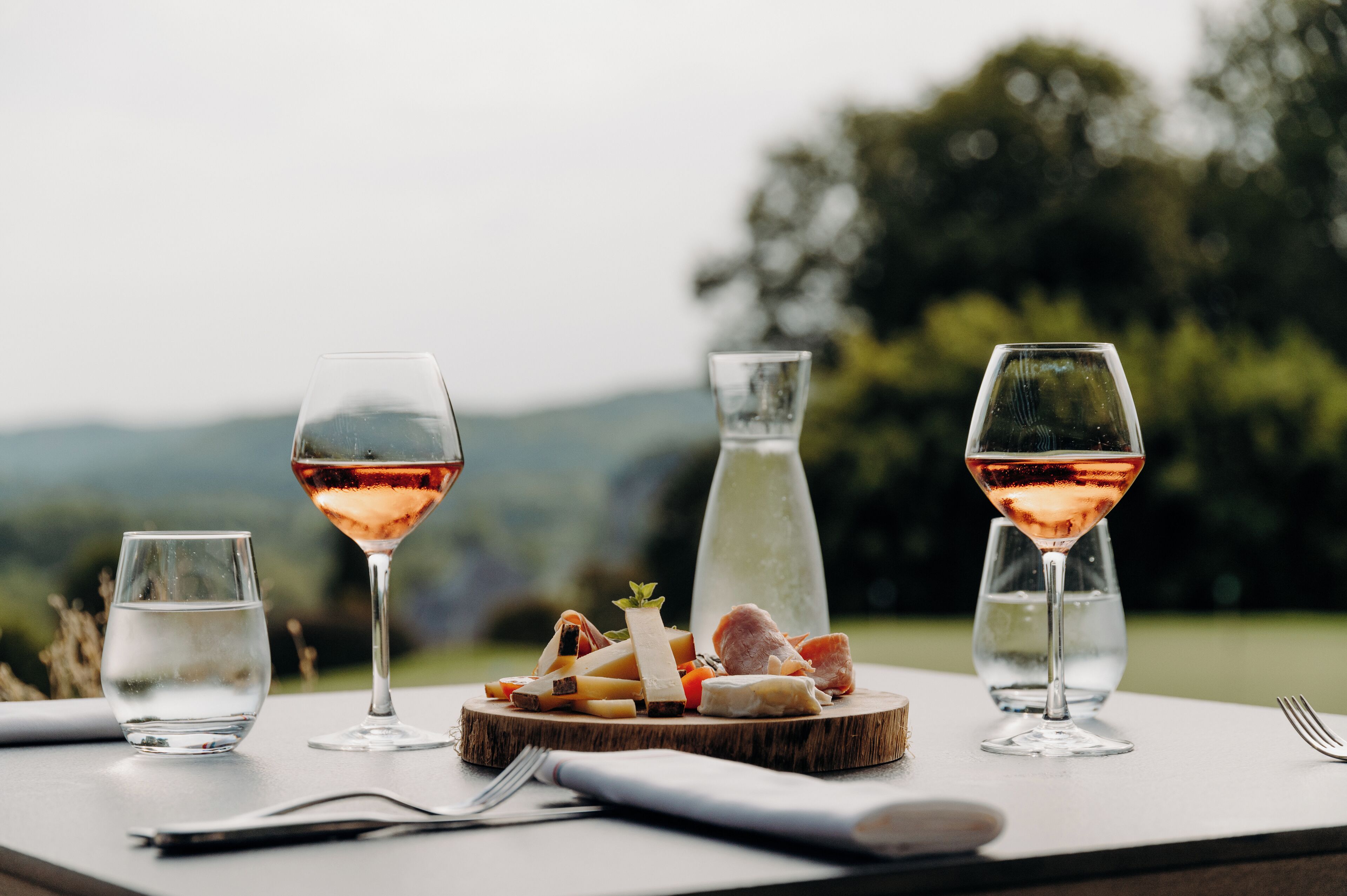 Une table dressée avec des verres à vin, une planche de fromages et une bouteille d’eau, avec une vue panoramique sur le paysage en arrière-plan.