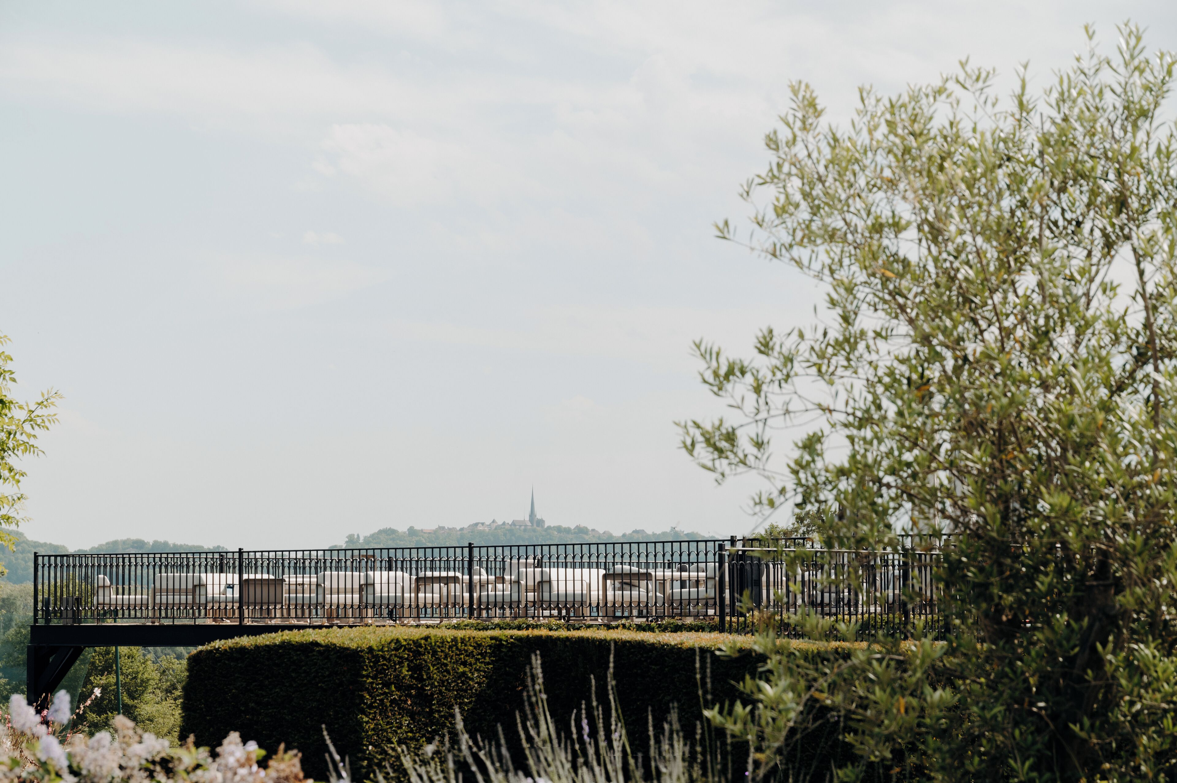 A bridge with a metal railing, surrounded by greenery and a distant view of a city skyline.