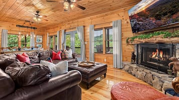 Smart TV, fireplace, video games, DVD player