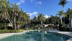 A swimming pool with a hexagonal tile pattern, surrounded by palm trees and other greenery, with a clear blue sky in the background. - Beautifully updated, gated community, minutes from the gulf beaches (Bonita Springs)