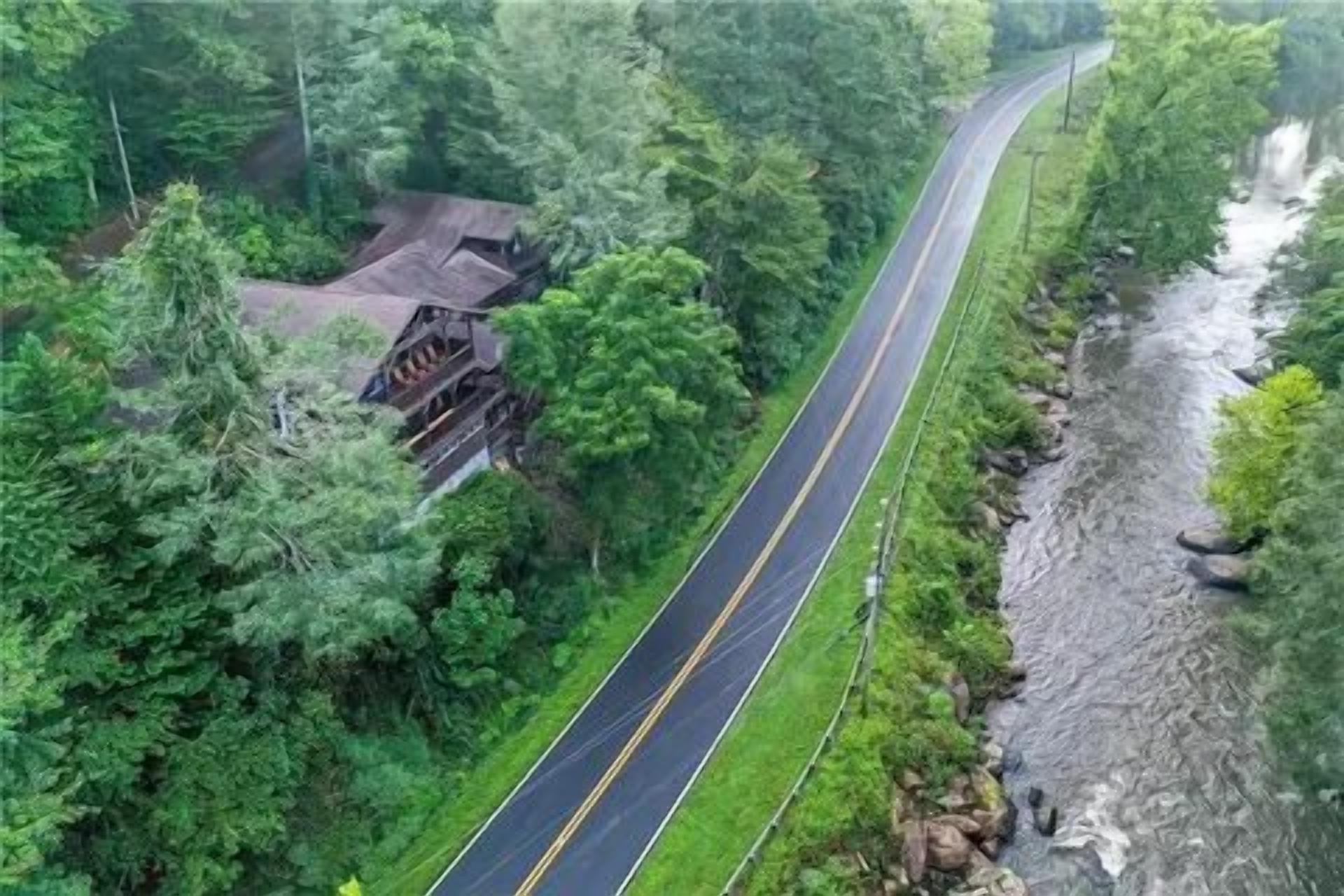Un camino serpenteante a través de un bosque con un puente sobre un río.