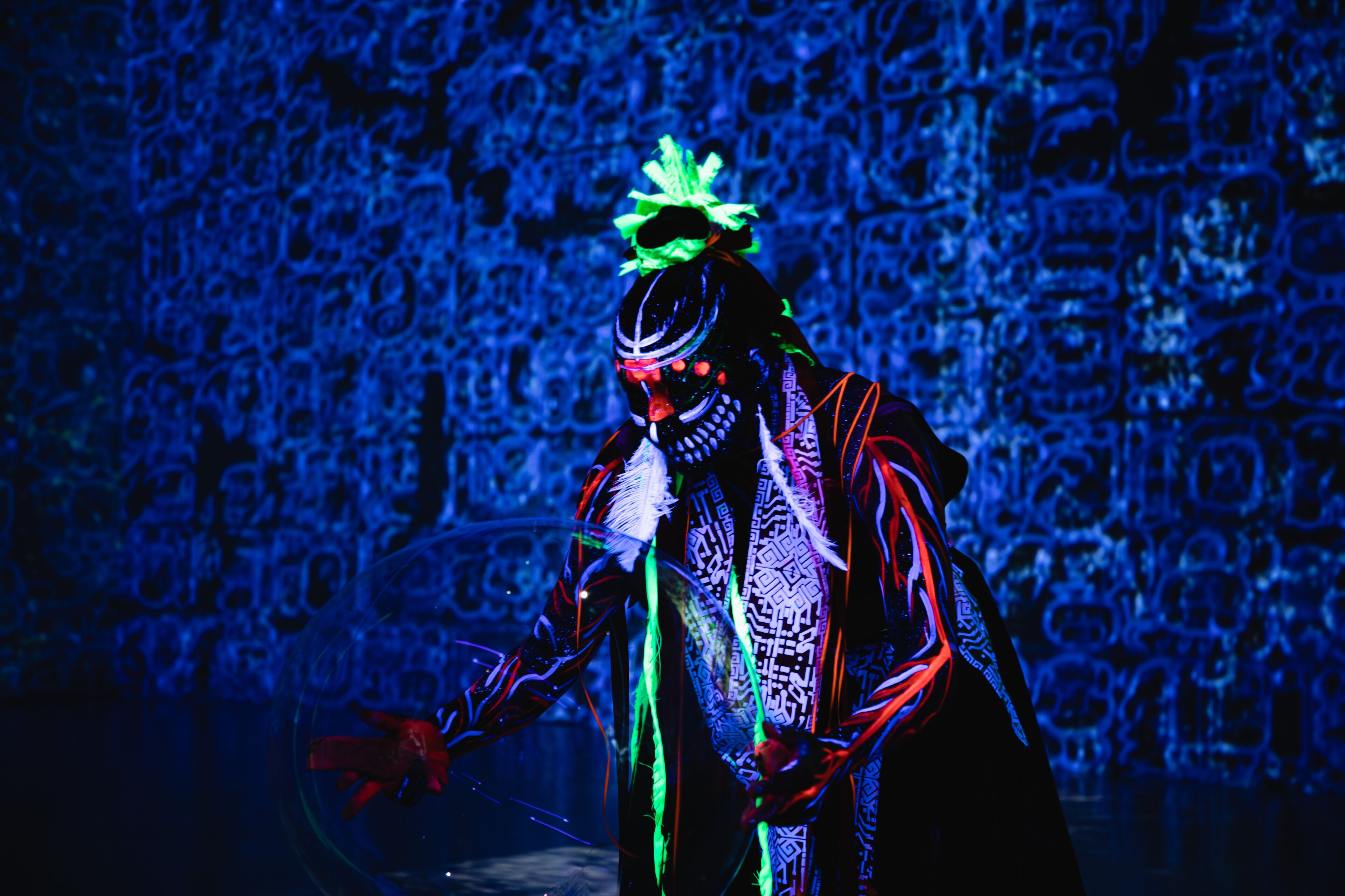 A person in a detailed costume with a patterned background.
