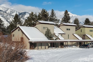 Chalet-style buildings offer cozy accommodations surrounded by evergreen trees and a mountain range.