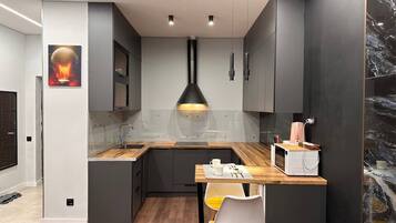 设计开间, 1 间卧室, 冰箱和微波炉, 城市景观 | 私人厨房 | 大冰箱、微波炉、炉灶、茶具/咖啡用具