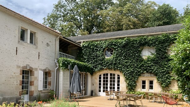 Une cour dotée d’un patio couvert, d’un espace salon extérieur et d’un jardin fleuri.
