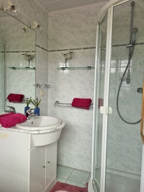 Shower, towels, soap, toilet paper - Bungalow incl. boat directly on the lake (Basedow)