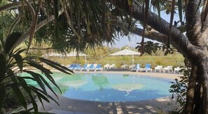 A swimming pool with lounge chairs and umbrellas, surrounded by palm trees. - Sun-Set Satinay at Kingfisher Bay Resort (Kingfisher Bay)