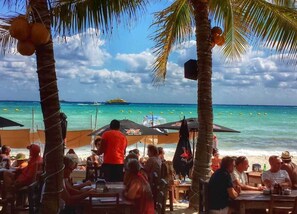 Un ristorante sulla spiaggia con posti a sedere all'aperto, palme e vista sull'oceano.
