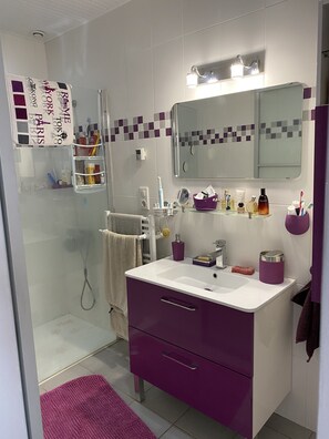 Dusche, Haartrockner, Handtücher, Seife