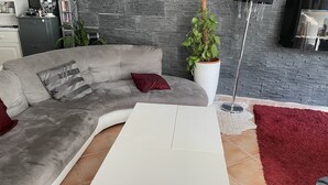 En moderne stue med en grå hjørnesofa, et hvidt sofabord, en rød måtte og en potteplante.