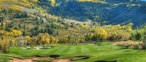 Un campo de golf con un sendero de tierra, fairways verdes y búnkeres de arena.