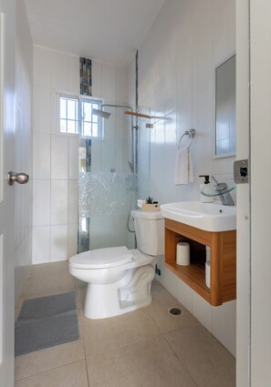 Dusche, Haartrockner, Handtücher, Seife