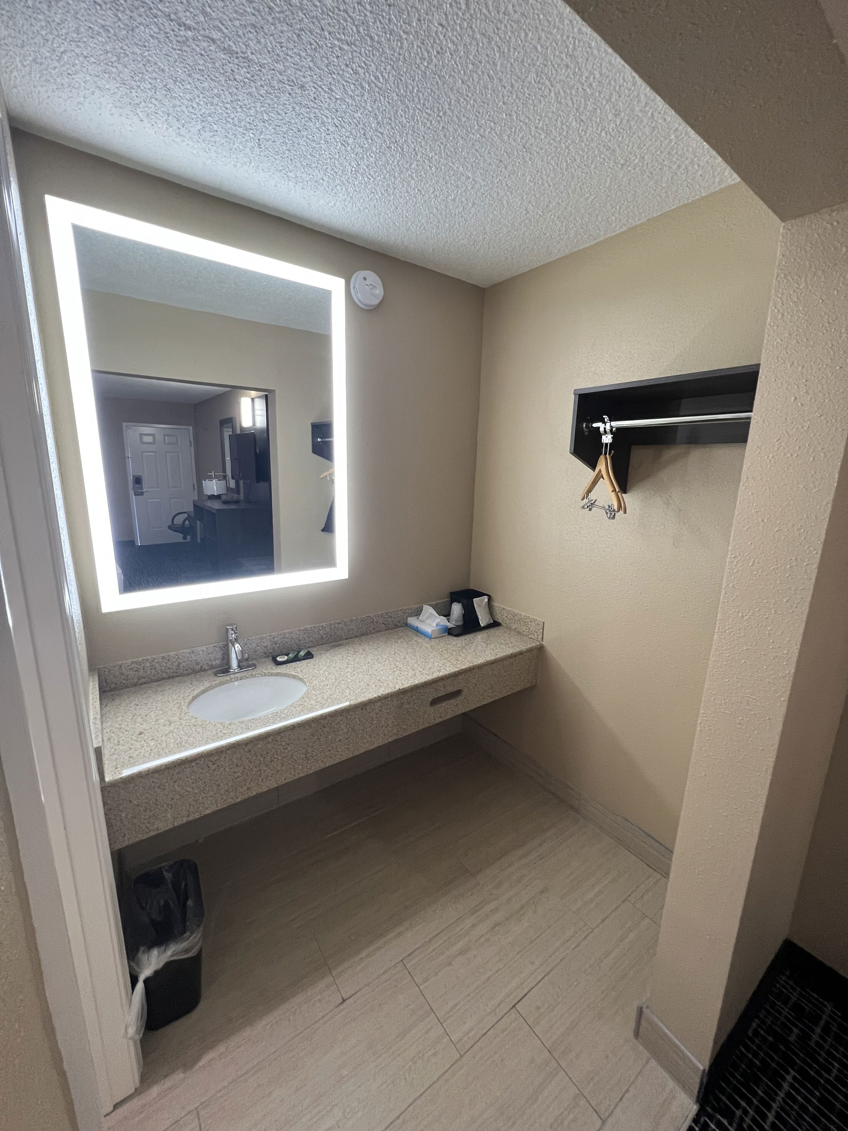 Une salle de bain avec un grand miroir, un lavabo et un meuble-lavabo.