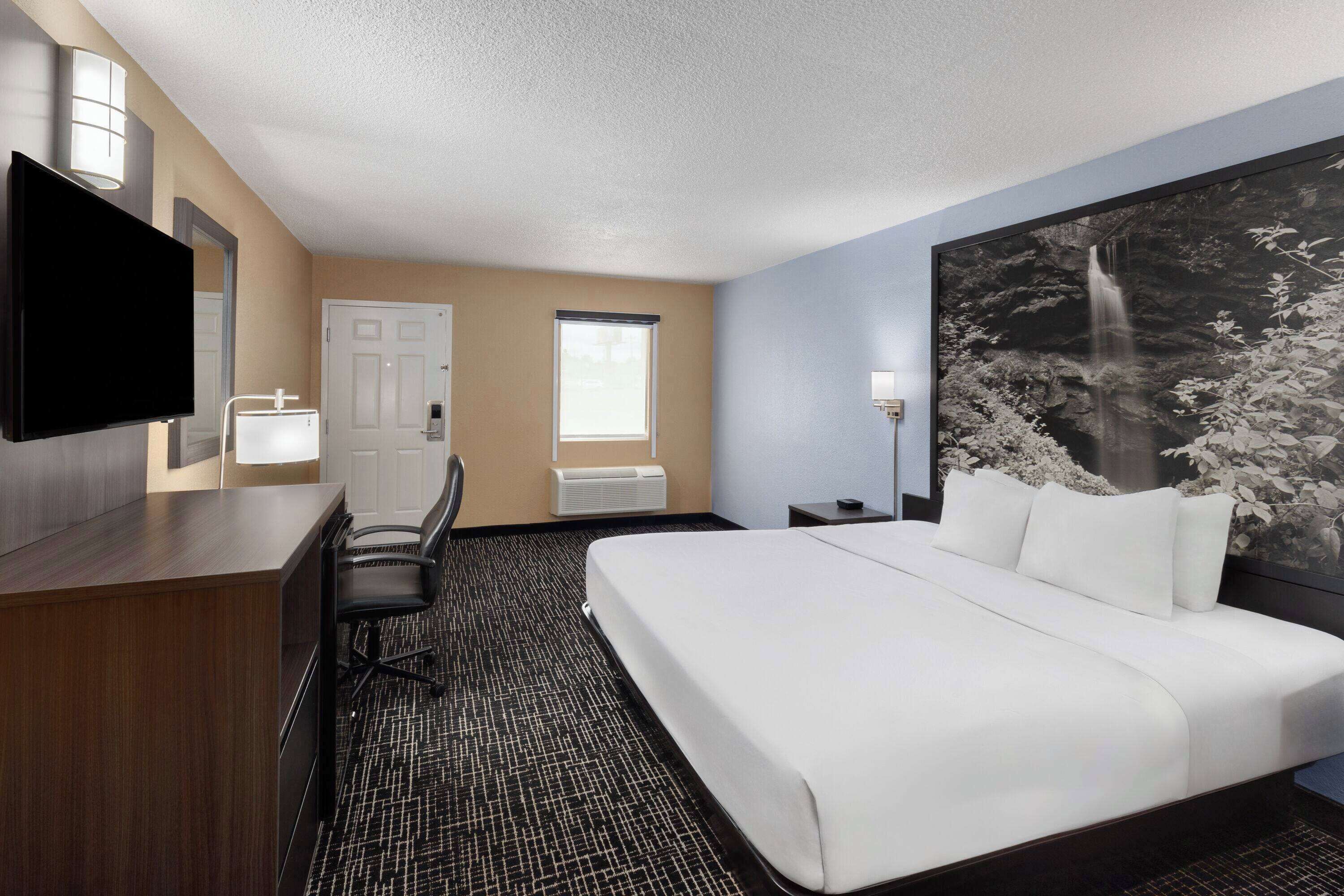 A hotel room with a bed, a desk, a chair, a flat-screen TV, a window, and a large wall mural.