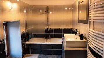 Bathtub, hair dryer, toilet paper