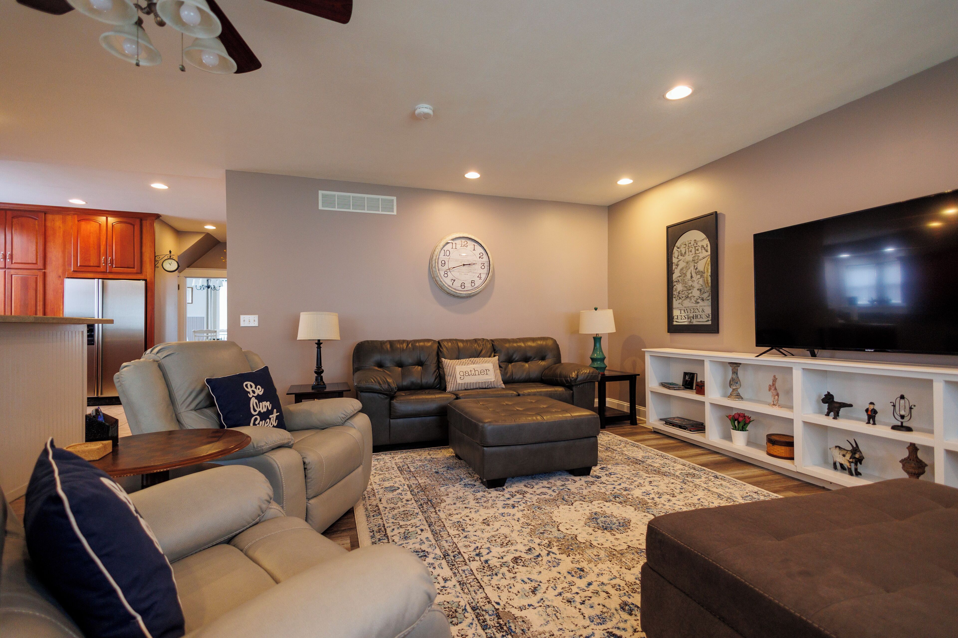 Smart TV, fireplace, books