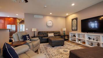 Smart TV, fireplace, books