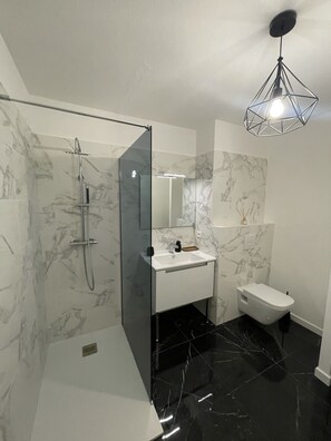 Shower, hair dryer, towels, toilet paper