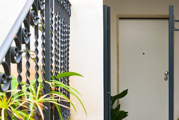 A door with a small peephole, a metal gate with a chain, and a plant in the foreground.