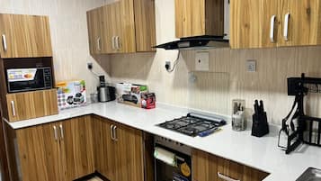 Fridge, microwave, oven, electric kettle