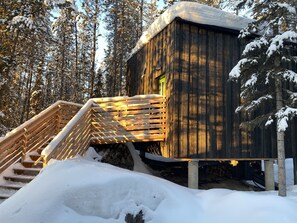 A wooden cabin with a staircase leading up to a door, surrounded by snow-covered trees.