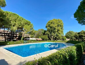 A rectangular swimming pool with a clear blue water surface, surrounded by well-maintained greenery and trees.